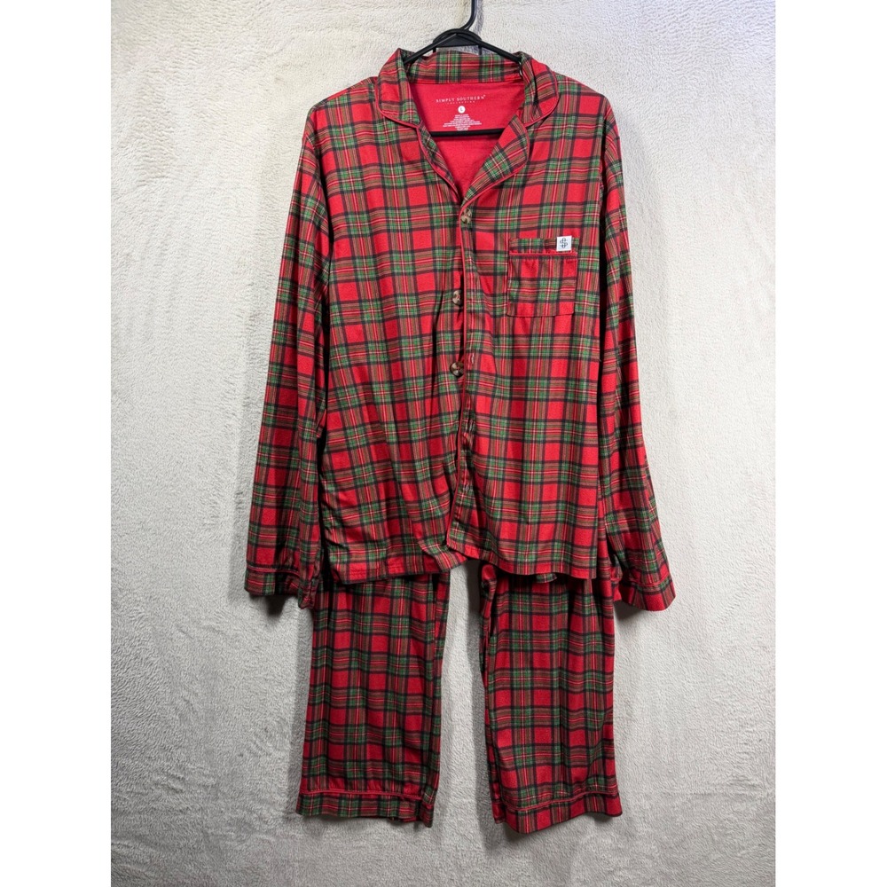 Simply Southern Pajama Set Women L Red Holiday Plaid Christmas Flannel Sleepwear
